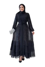 Elegant Black Evening Abaya with Sequins Flounce Skirt