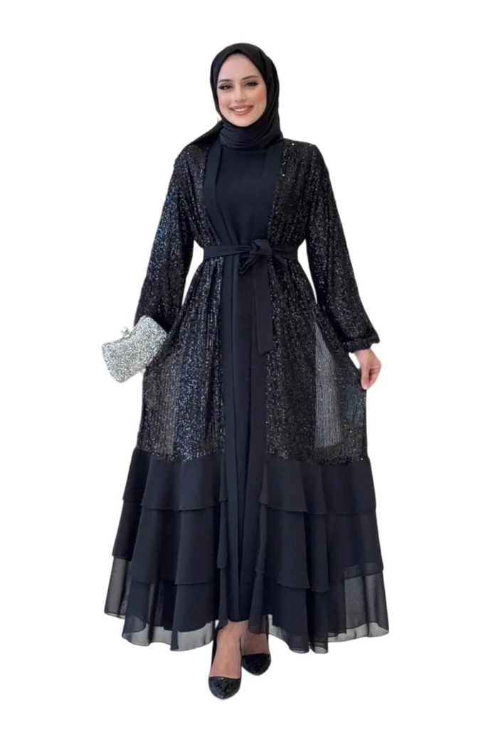 Elegant Black Evening Abaya with Sequins  Flounce Skirt - Image 1