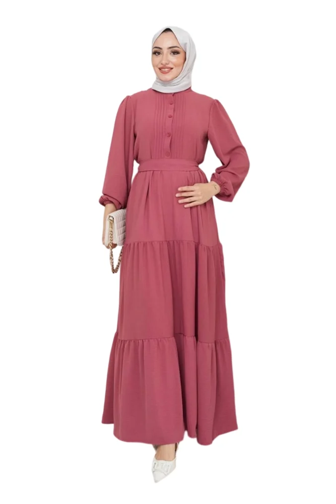 Summer maxi dress with button placket and waist belt