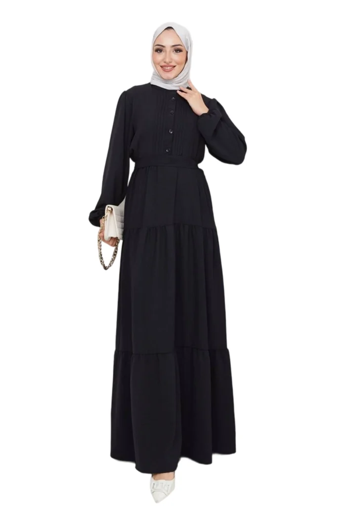 Summer maxi dress with button placket and waist belt