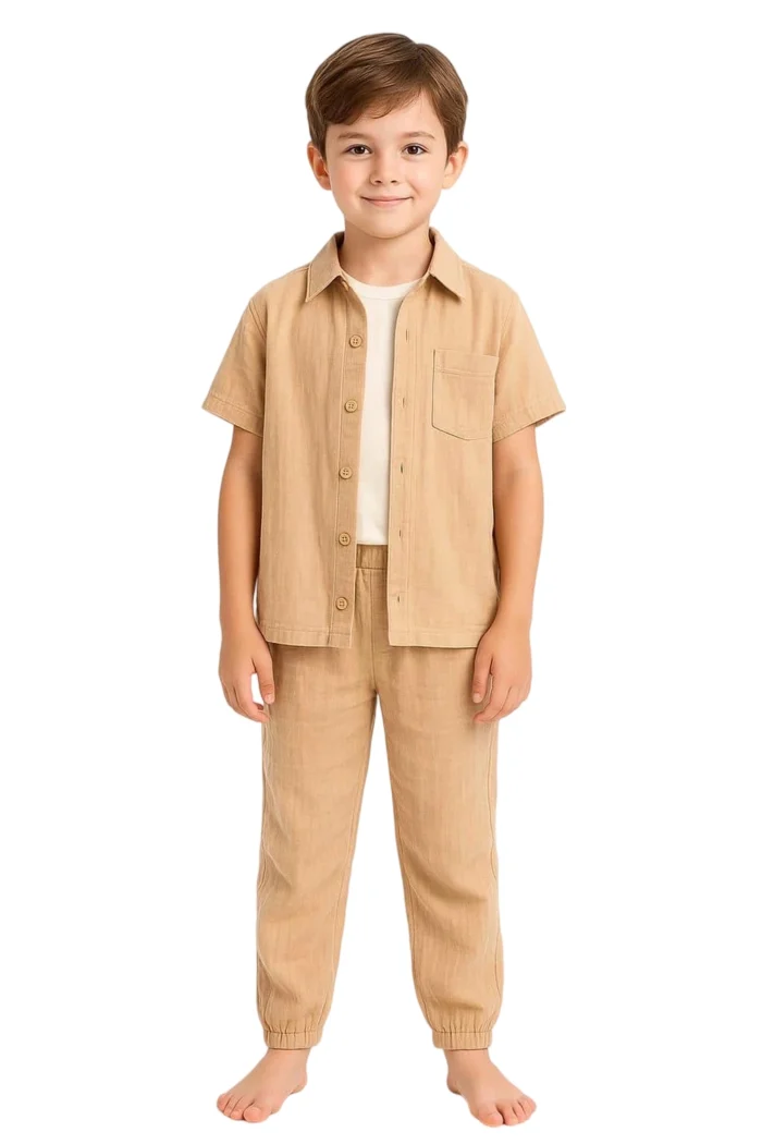 Beige 3-Piece Boy's Set – Shirt, Pants  Undershirt - Image 1