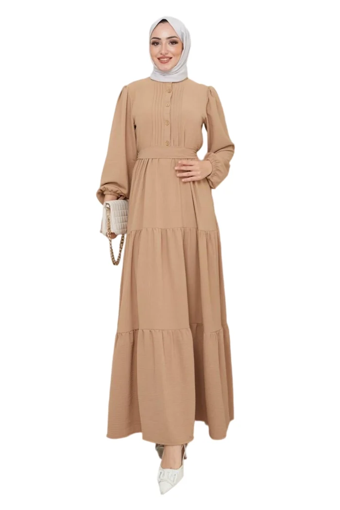 Summer maxi dress with button placket and waist belt