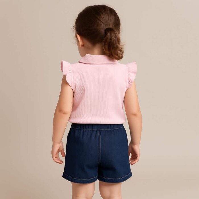 Sommer-Set für Mädchen – Rosa Rüschentop & Dunkelblaue Shorts mit Schleife – Bild 2
