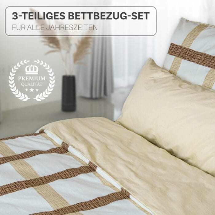 Bettwäsche 3-teiliges Set mit braun-beigem Karomuster | OEKO-TEX zertifiziert – Bild 4