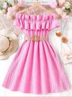 Mädchen Sommerkleid mit Rüschen und Gürtel in Rosa – Bild 3