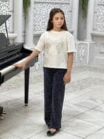 2-Piece Set for Girls – Glitter Shirt in Beige  Black Palazzo Pants with Dots - Image 2