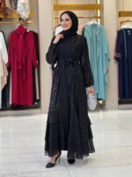 Elegant Black Evening Abaya with Sequins Flounce Skirt - Image 4
