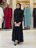 Elegant Black Evening Abaya with Sequins Flounce Skirt - Image 3