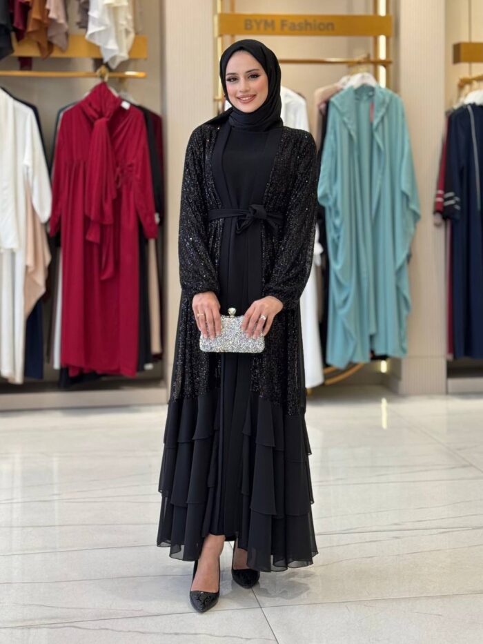 Elegant Black Evening Abaya with Sequins  Flounce Skirt - Image 3