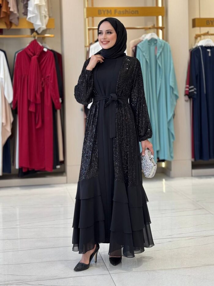 Elegant Black Evening Abaya with Sequins  Flounce Skirt - Image 4