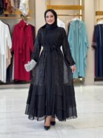 Elegant Black Evening Abaya with Sequins Flounce Skirt - Image 2