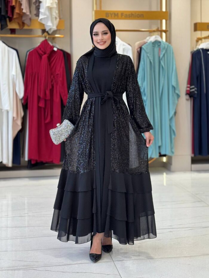 Elegant Black Evening Abaya with Sequins  Flounce Skirt - Image 2