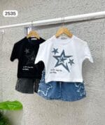 Trendiges Mädchen Sommer Set | Weißes Stern T-Shirt & Jeans-Bermuda – Bild 2