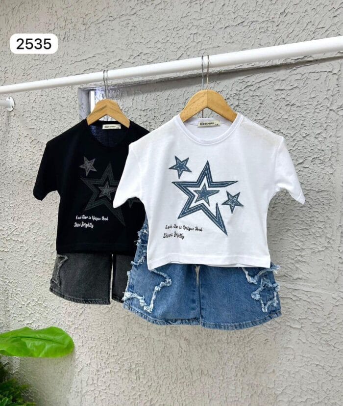 Trendiges Mädchen Sommer Set | Weißes Stern T-Shirt & Jeans-Bermuda – Bild 2