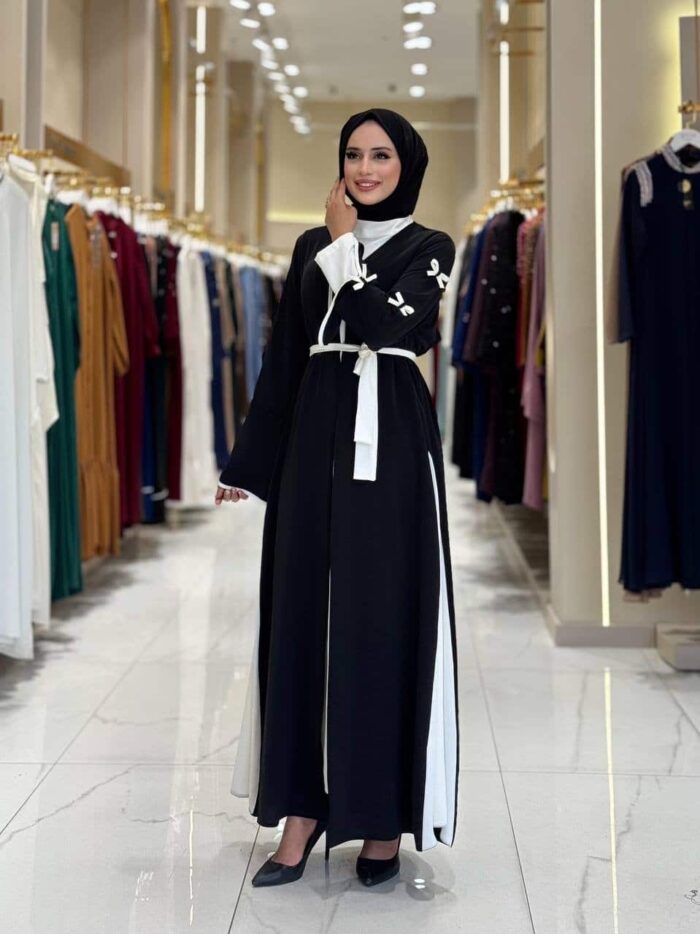 Abaya 2-Piece Set | Long-sleeve Dress with Open Overlay Abaya in White or Brown - Image 3