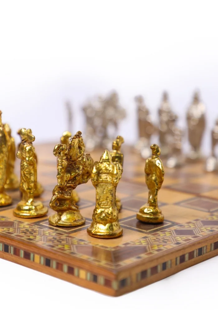 Handcrafted Chess Set with Metal Pieces – Foldable Mosaic Board - Image 2