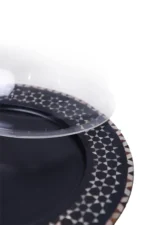Elegant Black Cake Stand with Mother-Of-Pearl Inlays & Dome - Image 3