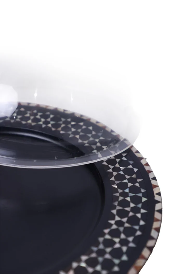 Elegant Black Cake Stand with Mother-Of-Pearl Inlays & Dome - Image 3