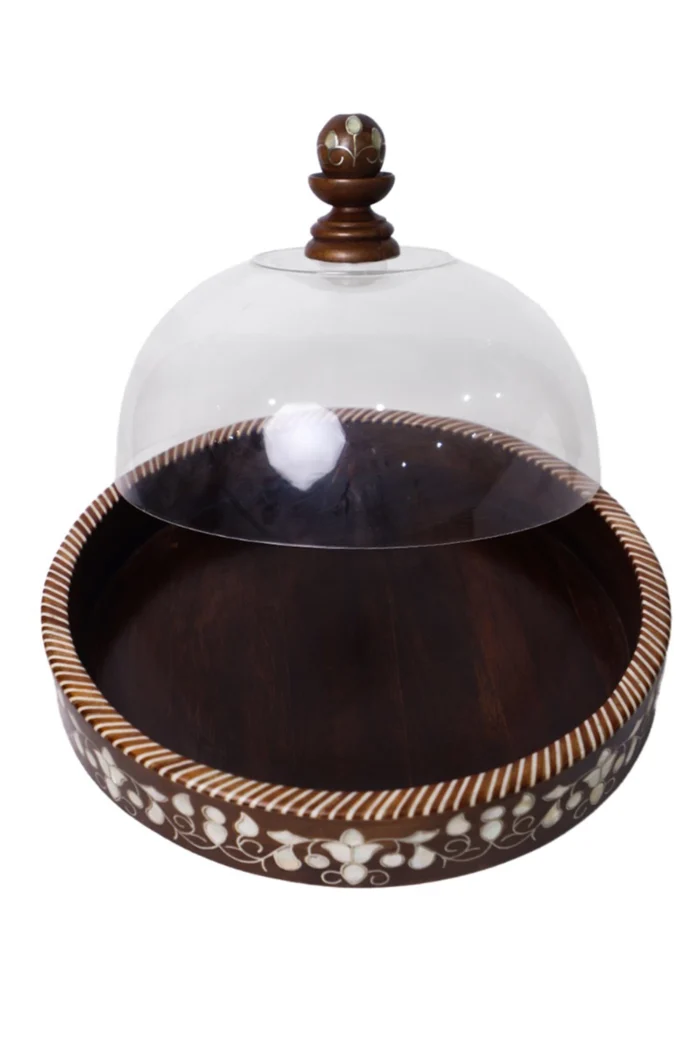 Handmade Serving Tray with Mother-of-Pearl and Glass Dome - Image 2
